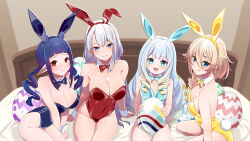 4girls absurdres animal_ear_hairband animal_ears bare_shoulders black_bow black_bowtie black_hair black_leotard blonde_hair blue_bow blue_bowtie blue_hair blue_leotard bow bowtie braid breasts closed_mouth collar covered_navel detached_collar dizzy_dokuro easter_egg egg ember_amane fake_animal_ears grey_hair hair_between_eyes hairband highres holding holding_egg jelly_hoshiumi kaneko_lumi large_breasts leotard long_hair medium_breasts multiple_girls on_bed open_mouth phase_connect pointy_ears rabbit_ear_hairband rabbit_ears red_bow red_bowtie red_leotard second-party_source smile snkagawa strapless strapless_leotard white_collar yellow_bow yellow_bowtie yellow_leotard