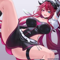 1girl asymmetrical_wings black_hat black_skirt black_wings blue_eyes blush breasts cleavage collarbone fang grey_background hat heterochromia highres hololive hololive_english irys_(hololive) large_breasts long_hair multicolored_hair open_mouth pointy_ears purple_eyes purple_hair red_hair seraphim_throne simple_background skirt solo spread_legs streaked_hair two-tone_hair virtual_youtuber white_wings wings