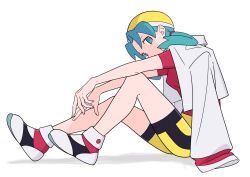 1girl blue_eyes blue_hair from_side full_body hat highres ittumozzz jacket jacket_on_shoulders kris_(pokemon) looking_at_viewer nintendo pokemon pokemon_gsc red_shirt shirt shoes short_sleeves shorts sitting solo twintails white_background white_jacket yellow_hat yellow_shorts