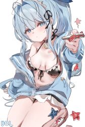 1girl absurdres anchor_(innocent_maid)_(nikke) anchor_(nikke) bare_shoulders bikini bikini_skirt black_bikini black_choker blue_eyes blue_hair blue_jacket breasts choker dolechan frilled_bikini frills front-tie_bikini_top front-tie_top goddess_of_victory:_nikke highres jacket long_hair looking_at_viewer maid maid_bikini maid_headdress off_shoulder official_alternate_costume ponytail simple_background small_breasts solo string_bikini swimsuit thighs unconventional_maid white_background