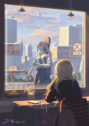 1girl absurdres beer_mug black_sweater blonde_hair blue_skirt bottle broken_screen building car city cityscape cloud cloudy_sky cup doppelganger earphones girls_band_cry green_necktie grey_eyes guitar guitar_case highres holding holding_bottle holding_guitar holding_instrument holding_phone instrument instrument_case kawaragi_momoka long_bangs long_hair looking_outside motor_vehicle mug necktie official_alternate_costume phone ponytail red_shirt road_sign scenery school_uniform shirt sign signature skirt sky striped_clothes sweater taxi traffic_light user_kyxw3427 warning_sign water_bottle