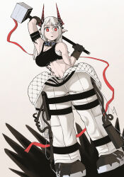 Rule 34 | 1girl, absurdres, arknights, armpits, black horns, black sports bra, demon horns, hammer, highres, holding, holding hammer, horns, infection monitor (arknights), jumpsuit, material growth, mudrock (arknights), mudrock (elite ii) (arknights), open jumpsuit, oripathy lesion (arknights), pointy ears, red eyes, sarashi, self-upload, sledgehammer, solo, sports bra, war hammer, weapon, white hair, white jumpsuit