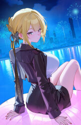 1girl absurdres aerial_fireworks alternate_costume ass bare_legs black_jacket black_skirt blonde_hair breasts closed_mouth commentary_request evelyn_chevalier fireworks from_behind highres jacket large_breasts legs light_smile long_sleeves looking_at_viewer looking_back mole mole_under_eye nail_polish night night_sky outdoors purple_eyes red_nails ring_hair_ornament shirt short_hair sidelocks sitting skirt sky solo white_shirt yueyueyue_yao zenless_zone_zero