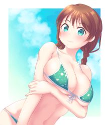 1girl arm_under_breasts bare_shoulders bikini braid breasts brown_hair brush cleavage closed_mouth cloud dutch_angle emma_verde freckles frown green_eyes highres large_breasts long_hair love_live! love_live!_nijigasaki_high_school_idol_club navel outdoors sky smile solo stomach swimsuit totsumotsu twin_braids