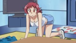 00s 1girl animated animated_gif aoi_anna ass breasts cleavage female_focus huge_ass red_hair shinkon_gattai_godannar!! shoes socks solo unworn_shoes