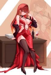 alcohol alternate_costume breasts cleavage cosplay desk dress evening_gown full_body goddess_of_victory:_nikke haerang_y highres navel official_alternate_hair_color on_desk rapi_(nikke) rapi_(red_hood)_(nikke) red_dress red_hair red_hood_(nikke) red_hood_(nikke)_(cosplay) red_hood_(nonsense_red)_(nikke) red_wine sitting thighhighs wine