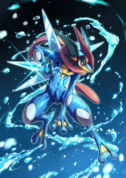 Rule 34 | absurdres, ash-greninja, bright pupils, commentary request, fish.boy, full body, gen 6 pokemon, greninja, highres, holding, kunai, nintendo, pokemon, pokemon (creature), red eyes, solo, tongue scarf, water, water drop, weapon, white pupils