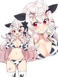 1girl absurdres ahoge animal_ears animal_print baby_bottle bat_hair_ornament bikini black_bikini bottle breasts cleavage closed_mouth commentary cow_ears cow_print cropped_torso elbow_gloves fake_animal_ears fang gloves gluteal_fold gradient_hair hair_ornament hairclip halterneck heart heart_hair_ornament highres holding holding_bottle indie_virtual_youtuber large_breasts leg_tattoo long_hair looking_at_viewer mole mole_under_eye multicolored_hair multiple_views navel o-ring o-ring_bikini open_mouth pink_hair print_bikini print_gloves print_thighhighs shiraha_maru simple_background skin_fang smile standing swimsuit tattoo thighhighs urato_chieru white_background white_gloves white_hair white_thighhighs x_hair_ornament