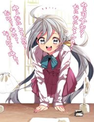 1girl ahoge blue_bow blue_bowtie blue_hair bow bowtie desk dress grey_hair grey_pantyhose hair_between_eyes hair_ribbon inkwell kantai_collection kiyoshimo_(kancolle) lamp long_hair long_sleeves low_twintails multicolored_hair open_mouth pantyhose paper purple_dress quill ribbon school_uniform shirt solo tane_juu-gou translation_request twintails two-tone_background white_shirt
