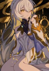 1girl black_gloves closed_mouth dress eye_hair_ornament eyes_visible_through_hair floating_headgear galaxy_background genshin_impact gloves hair_over_one_eye headgear highres istaroth_(genshin_impact) kigi_(kikitomoku) ring_hair_ornament sitting white_dress white_hair yellow_eyes