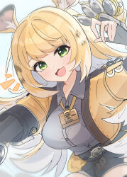 1girl absurdres animal_ear_fluff animal_ears blonde_hair commentary fingerless_gloves gloves green_eyes highres jacket ju_fufu long_hair looking_at_viewer multicolored_hair open_mouth shirt shorts smile solo striped_fur striped_hair tail tiger_ears tiger_girl tiger_stripes tiger_tail uhrx3 zenless_zone_zero