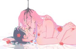 Rule 34 | 2girls, alien stage, artist name, asymmetrical docking, black hair, blush, breast press, breasts, childlight art, closed eyes, commentary, completely nude, ear blush, flower, gradient hair, hand in another&#039;s hair, hand on another&#039;s face, hashtag-only commentary, highres, ink, kiss, long hair, medium breasts, mizi (alien stage), multicolored hair, multiple girls, nude, pink hair, purple hair, red flower, short hair, simple background, sua (alien stage), white background, yuri