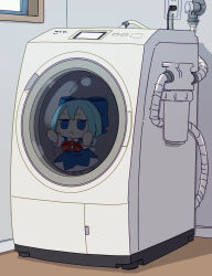 1girl :&lt; absurdres blue_bow blue_dress blue_hair blush_stickers bow bowtie cirno closed_mouth dress fumo_(doll) hair_bow highres indoors jitome kame_(kamepan44231) light_blue_hair red_bow red_bowtie shirt short_hair solo stuck touhou washing_machine white_shirt