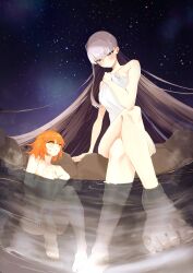 2girls ahoge arm_support bare_arms bare_legs bare_shoulders barefoot bathing blush breasts collarbone completely_nude covering_privates crossed_legs fate/grand_order fate_(series) fujimaru_ritsuka_(female) full_body giant giantess hair_between_eyes hair_ornament heterochromia highres holding holding_towel kingprotea_(fate) large_breasts long_hair looking_at_another medium_breasts multiple_girls naked_towel night night_sky nude nude_cover onsen orange_eyes orange_hair outdoors partially_submerged purple_eyes purple_hair rock same-sex_bathing separated_legs shared_bathing short_hair sitting sky smile soaking_feet star_(sky) starry_sky thighs toes toumokorosi_01 towel very_long_hair water wet wet_towel xochitonal_(fate) yellow_eyes