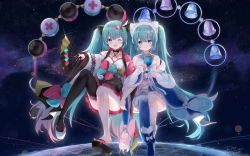 Rule 34 | 1girl, 2girls, :d, aqua eyes, aqua hair, asahi kuroi, asymmetrical gloves, bell, black thighhighs, blue gloves, blunt bangs, boots, bow, collared shirt, criss-cross halter, detached sleeves, fang, flip-flops, fur-trimmed boots, fur trim, gloves, hair between eyes, hair bow, hair ornament, hairpin, halterneck, hand fan, hatsune miku, headband, highres, holding, jacket, japanese clothes, kimono, long hair, looking at viewer, magical mirai (vocaloid), magical mirai miku, magical mirai miku (2020 summer), magical mirai miku (2020 winter), microphone, mismatched gloves, multiple girls, multiple persona, off shoulder, one eye closed, open mouth, pink gloves, platform footwear, sandals, shirt, single thighhigh, sitting, skin fang, sky, smile, speaker, star (sky), star (symbol), star print, starry sky, thighhighs, twintails, two-tone, very long hair, vocaloid, x hair ornament