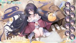 1girl absurdly_long_hair ahoge azur_lane blush bottle breasts brown_kimono chair character_name commentary copyright_name copyright_notice english_commentary highres holding holding_bottle indoors japanese_clothes kimono knees_together_feet_apart le_hardi_(azur_lane) le_hardi_(sticky_situation)_(azur_lane) logo long_hair long_sleeves looking_at_viewer looking_up magazine_(object) manjuu_(azur_lane) medium_breasts milk milk_bottle multiple_expressions off_shoulder official_alternate_costume official_art open_mouth promotional_art purple_eyes sitting sliding_doors slippers solo towel very_long_hair white_kimono yukata