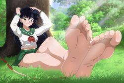1girl absurdres barefoot black_hair bow bow_(weapon) brown_eyes crossed_ankles feet foot_focus forest grass highres higurashi_kagome inuyasha nature school_uniform sitting soles solo solo_focus toes tree weapon zorzero