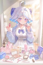 1girl absurdres ahoge alternate_costume applying_makeup belt blue_bow blue_eyes blue_hair blue_jacket bow cosmetics dress drop-shaped_pupils furina_(genshin_impact) genshin_impact grey_hair hair_bow hair_ornament hairclip hayun heterochromia highres indoors jacket mirror mismatched_pupils multicolored_hair open_clothes open_jacket parted_lips reflection short_hair sitting symbol-shaped_pupils white_belt white_dress