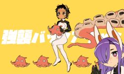 Rule 34 | 2girls, absurdres, animal ears, black gloves, black hair, bodysuit, bow, bowtie, cat ears, collared shirt, commentary request, fake animal ears, gloves, highres, long hair, looking at viewer, meme, multiple girls, octopus, original, petosu (sunoco), pointy ears, purple hair, shirt, short hair, tan, tentacles, translation request, white bodysuit, yellow background