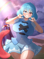 1girl absurdres blue_eyes blue_hair blue_skirt blue_vest breasts fingers_to_cheeks grin hair_between_eyes heterochromia highres karakasa_obake kogasa_day large_breasts light_blush long_tongue looking_at_viewer medium_hair purple_umbrella rain rainbow red_eyes sasakiuria skirt smile solo sunlight tatara_kogasa thighs tongue touhou umbrella vest