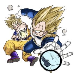 Rule 34 | 2boys, armor, blonde hair, blue boots, blue sash, blue shirt, blue wrist cuffs, boots, dougi, dragon ball, dragonball z, gloves, green eyes, highres, male focus, medium hair, multiple boys, nicocolors, orange pants, orange shirt, pants, saiyan armor, sash, shirt, simple background, son goku, spiked hair, super saiyan, super saiyan 1, vegeta, white armor, white background, white boots, white gloves, wrist cuffs