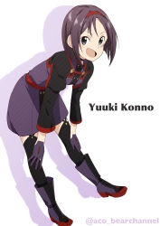 Rule 34 | 1girl, :d, absurdres, aco (bearchannel), alternate universe, black boots, black eyes, black sleeves, black thighhighs, boots, brown hair, character name, commentary, dress, drop shadow, full body, gloves, hair between eyes, hairband, hands on own knees, highres, knee boots, konno yuuki (sao), leaning forward, long sleeves, looking at viewer, open mouth, purple dress, purple gloves, red hairband, shadow, short hair, sidelocks, simple background, smile, solo, standing, sword art online, sword art online the movie: ordinal scale, thighhighs, twitter username, white background, zettai ryouiki