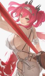 Rule 34 | 1girl, absurdres, ass, backless bodysuit, bare shoulders, black bow, bodysuit, bow, breasts, commentary, cowboy shot, from side, grey background, hair between eyes, hair bow, hair ornament, hairband, headgear, highres, holding, holding polearm, holding weapon, kuraasa 5, large breasts, long hair, looking at viewer, looking to the side, lupa (wuthering waves), median furrow, metal hairband, parted lips, pink hair, polearm, red pupils, scar, simple background, smile, solo, symbol-only commentary, tacet mark (wuthering waves), tail, twintails, v-shaped eyebrows, weapon, white background, white bodysuit, wolf tail, wuthering waves, yellow eyes