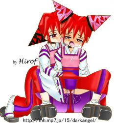 2girls blush brave_fencer_musashiden breasts female_focus full_body hirof incest licking maribo mirabo multiple_girls musashiden_ii nanasyu oekaki red_eyes red_hair siblings sisters spread_legs twincest twins watermark web_address white_background yuri