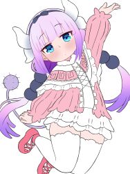 1girl arm_up black_bow blue_eyes blush bow capelet dragon_girl dragon_horns dragon_tail dress fur-trimmed_capelet fur_trim hair_bobbles hair_bow hair_ornament hairband horns jumping kanna_kamui kobayashi-san_chi_no_maidragon long_hair long_sleeves looking_at_viewer low_twintails matsu_(pixiv_115467950) pink_dress purple_hair red_shoes shoes tail thighhighs twintails white_background white_capelet white_thighhighs