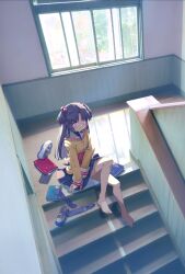Rule 34 | 1girl, absurdres, akayama yukihe, barefoot, blue hair, blue skirt, book, clannad, from above, hair bobbles, hair ornament, highres, hikarizaka private high school uniform, ichinose kotomi, jacket, knee up, legs, long hair, looking at viewer, pleated skirt, purple eyes, school uniform, shoes, skirt, socks, solo, stairs, toes, two side up, unworn shoes, unworn socks, uwabaki, yellow jacket