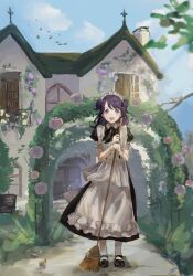 1girl absurdres alternate_costume apron bird black_dress black_ribbon black_shoes blush broom commentary_request double_bun dress enmaided erumu_(elm_green411) fang fukumaru_koito full_body hair_bun highres holding holding_broom house idolmaster idolmaster_shiny_colors looking_at_viewer maid maid_apron maid_headdress medium_hair neck_ribbon outdoors pantyhose puffy_short_sleeves puffy_sleeves purple_eyes purple_hair ribbon shoes short_sleeves simple_bird skin_fang smile solo sparrow white_apron white_pantyhose wristband