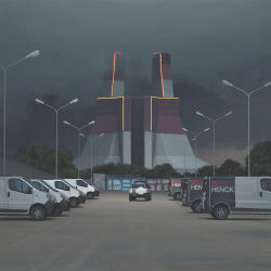 Rule 34 | architecture, black cloud, building, car, cloud, cloudy sky, company name, highres, honda cr-v, lamppost, motor vehicle, no humans, outdoors, parking lot, plant, science fiction, simon stalenhag, sky, swedish machines, tree