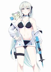 1girl bikini black_bow blue_eyes blush bow breasts choker fate/grand_order fate_(series) halterneck highres jacket long_hair medium_breasts morgan_le_fay_(fate) natu_zame navel pale_skin ponytail pouch solo swimsuit thigh_strap very_long_hair white_background