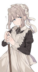 1girl alternate_costume apron black_dress blue_eyes blush braid braided_bun broom closed_mouth collared_dress commentary_request cowboy_shot dress earrings enmaided fingernails frilled_apron frills hair_bun hands_up highres holding holding_broom idolmaster idolmaster_shiny_colors jewelry juliet_sleeves kemololi long_sleeves looking_to_the_side maid maid_apron maid_headdress pout puffy_sleeves ribbon serizawa_asahi short_hair sidelocks simple_background solo white_apron white_background white_hair white_headdress white_ribbon