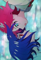 1boy 1girl amate_yuzuriha aqua_eyes blue_hair closed_mouth gundam gundam_gquuuuuux highres karaage_bentou_(28grtm) looking_at_another multicolored_hair necktie open_mouth purple_hair red_eyes red_hair school_uniform shirt short_hair shuji_ito smile sweater zooming_in