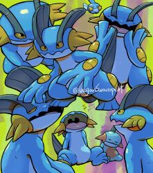 ? animal_focus artist_name black_eyes blue_background blue_theme colored_sclera evolutionary_line expressionless fangs game_freak gen_3_pokemon highres looking_at_viewer marshtomp mudkip multiple_views nintendo no_humans orange_sclera pokemon pokemon_(creature) ripples shaded_face simple_background sitting sleeveless slit_pupils smile swampert twitter_username veganswampert