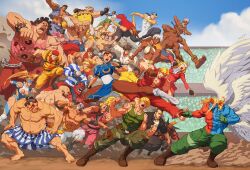 Rule 34 | alex (street fighter), angel wings, bandages, boots, charging forward, cloud, cody travers, dust cloud, e. honda, el fuerte, fei long, fighting, fighting stance, gill (street fighter), guile, highres, jumping, kicking, matt moylan, muscular, muscular female, muscular male, punching, rainbow mika, rufus (street fighter), sean matsuda, street fighter, stretching, wings, zangief