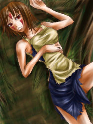 Rule 34 | 1990s (style), bad id, bad pixiv id, bare shoulders, brown eyes, brown hair, grass, lying, mononoke hime, retro artstyle, rugu, san (mononoke hime), short hair, solo, studio ghibli, tree