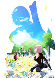 2boys 4girls absurdres antinese bare_shoulders breasts brown_hair bug butterfly detached_sleeves fate/grand_order fate_(series) flower fujimaru_ritsuka_(female) habetrot_(fate) highres insect kadoc_zemlupus large_breasts leonardo_da_vinci_(fate) long_hair mash_kyrielight mash_kyrielight_(demi-servant) multiple_boys multiple_girls orange_hair pink_hair romani_archaman short_hair tree white_flower white_hair