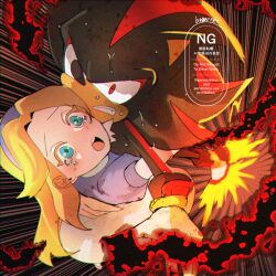 1boy 1girl blonde_hair blue_eyes carrying carrying_person clenched_teeth commentary_request constricted_pupils furry furry_male ice_ice_mint maria_robotnik open_mouth red_eyes shadow_the_hedgehog sonic_(series) sweat tears teeth watermark