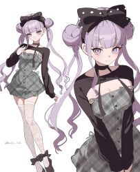 1girl absurdres alternate_costume ankle_bow ankle_ribbon black_bow black_choker black_hairband black_headband black_ribbon black_shirt black_shoes blush bow choker closed_mouth dress female_focus full_body grey_dress hair_bow hairband hand_up headband highres leg_ribbon long_hair looking_at_viewer multiple_views pink_eyes pink_hair ribbon shirt shoes smile solo solo_focus the_hundred_line_-last_defense_academy- tsukumo_kako twintails upper_body