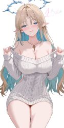 1girl :q alternate_costume bare_shoulders blonde_hair blue_eyes blue_hair blush breasts cleavage closed_mouth collarbone colored_inner_hair commentary_request crown_of_thorns earrings fleurdelys_(wuthering_waves) highres horns jewelry large_breasts long_hair looking_at_viewer multicolored_hair necklace off-shoulder_sweater off_shoulder pointy_ears sidelocks simple_background single_horn smile solo sweater tacet_mark_(wuthering_waves) thighs tongue tongue_out very_long_hair white_background white_sweater wuthering_waves wzmm3284 yellow_horns