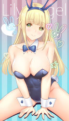1girl animal_ears bikini blonde_hair blue_bow blue_bowtie blue_leotard bow bowtie breasts cleavage detached_collar gluteal_fold green_eyes hataraki_kuma highres large_breasts leotard long_hair looking_at_viewer original playboy_bunny rabbit_ears sitting solo striped_bikini striped_clothes swimsuit wrist_cuffs