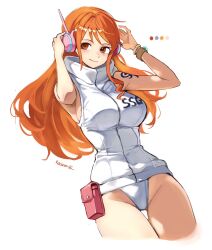 1girl armpits artist_name blush bracelet breasts brown_eyes curvy headphones highleg highleg_leotard highres hood hoodie jewelry kasumi_6 large_breasts leotard log_pose long_hair looking_at_viewer nami_(one_piece) nami_(one_piece)_(egghead) one_piece orange_hair shoulder_tattoo sleeveless sleeveless_hoodie smile solo tattoo thighs white_hoodie white_leotard
