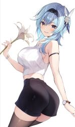 1girl alternate_costume arm_strap armpit_crease ass black_hairband black_shorts black_thighhighs blue_hair blush bracelet breasts cowboy_shot eula_(genshin_impact) flower genshin_impact hair_ornament hairband highres holding holding_flower impossible_clothes impossible_shirt jewelry large_breasts lily_(flower) looking_at_viewer looking_to_the_side medium_hair midriff o-ring_arm_strap open_mouth oryo_(oryo04) shirt short_shorts shorts sidelocks simple_background sleeveless sleeveless_shirt solo striped_clothes striped_shirt thighhighs vertical-striped_clothes vertical-striped_shirt watch white_background white_shirt wristwatch