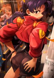 2girls :&gt; ass black_skirt blue_skirt brick brick_wall brown_eyes building cafe commentary cropped_jacket donut english_commentary food grabbing_own_ass highres holding holding_pregnancy_test katsuragi_misato khyle. leaf looking_back meme miniskirt missing_poster multiple_girls neon_genesis_evangelion orange_hair pantylines patreon_username pregnancy_test purple_hair road school_uniform sidewalk sign skirt solo_focus souryuu_asuka_langley street thighs twintails watch window wristwatch