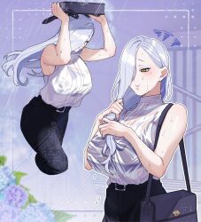 1girl absurdres bag bare_shoulders black_pants blue_lips blush breasts closed_eyes eyeliner fate/grand_order fate_(series) hair_over_one_eye highres hiyayaako large_breasts long_hair makeup mrs._snake_(fate) multiple_views pants pout rain shirt shoulder_bag sleeveless sleeveless_shirt thighs wet wet_clothes white_hair white_shirt yellow_eyes