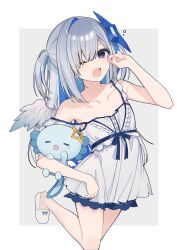 1girl absurdres alternate_costume amane_kanata angel angel_wings axolotl blue_eyes blue_hair blue_ribbon border collarbone colored_inner_hair commentary dress_ribbon feathered_wings flat_chest frilled_pajamas frills gradient_wings grey_background grey_hair halo hand_up highres hololive leg_up long_hair looking_at_viewer mini_wings multicolored_hair multicolored_wings nightgown official_alternate_hair_length official_alternate_hairstyle one_eye_closed open_mouth outside_border pajamas ribbon rubbing_eyes simple_background single_hair_intake single_off_shoulder sleepy slippers solo standing standing_on_one_leg star_halo symbol-only_commentary two_side_up uehara_(dormmmmir_) upao_(amane_kanata) virtual_youtuber waking_up white_border white_nightgown white_slippers white_wings wings yawning