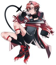 029jrr 1boy ahoge bishounen black_hair black_socks blush choker collarbone covered_navel earpiece full_body gradient_hair hair_between_eyes highres holostars holostars_english jacket legwear_garter long_sleeves looking_at_viewer machina_x_flayon machina_x_flayon_(1st_costume) male_focus mechanical_tail multicolored_hair orange_eyes red_hair red_jacket short_hair side_part sleeves_past_wrists slit_pupils socks solo tail tight_clothes virtual_youtuber white_background