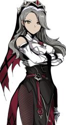 1girl breasts brown_eyes cosplay crossed_arms detached_sleeves dress eiji_nochi elizabeth_maxwell fishnet_legwear fishnets genshin_impact grey_hair habit highres large_breasts long_hair multicolored_headwear niijima_sae nun persona persona_5 rosaria_(genshin_impact) rosaria_(genshin_impact)_(cosplay) two-tone_dress veil voice_actor_connection